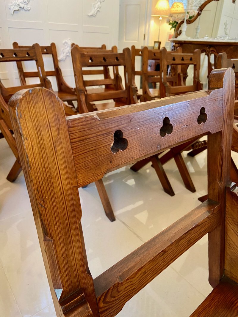 Unusual Antique Set of Twelve Gothic Pitch Pine Dining Chairs - Image 16